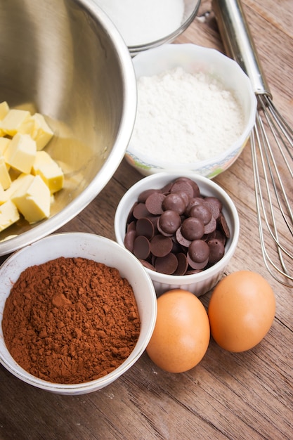 Brownie's ingredients. Bakery ingredient background.