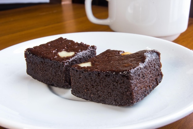 Brownie squares with chocolate chips and nuts