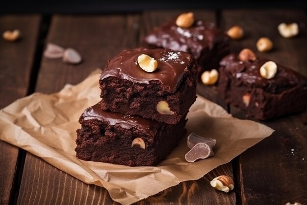 Brownie vierkante stukjes gesneden plakjes over houten tafel met noten mix generatieve ai