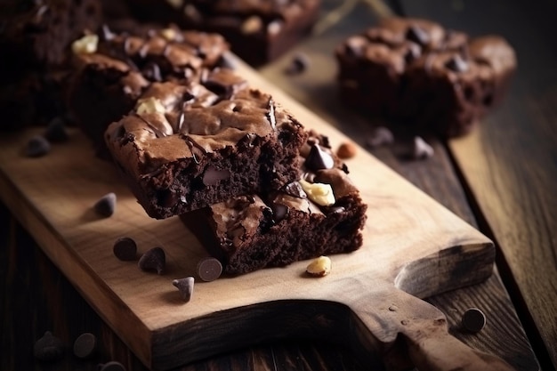 Brownie vierkante stukjes gesneden plakjes over houten tafel met noten mix generatieve ai