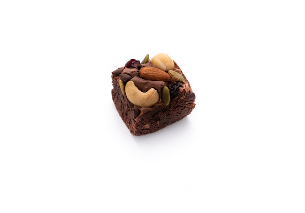 Brownie with almond and macadamia on isolated white background