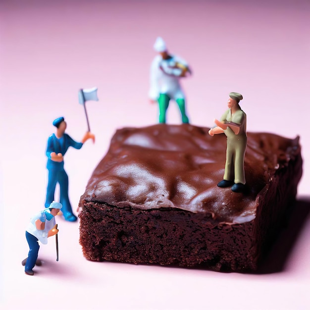 A brownie with a man on top of it and a small man standing on top of it.