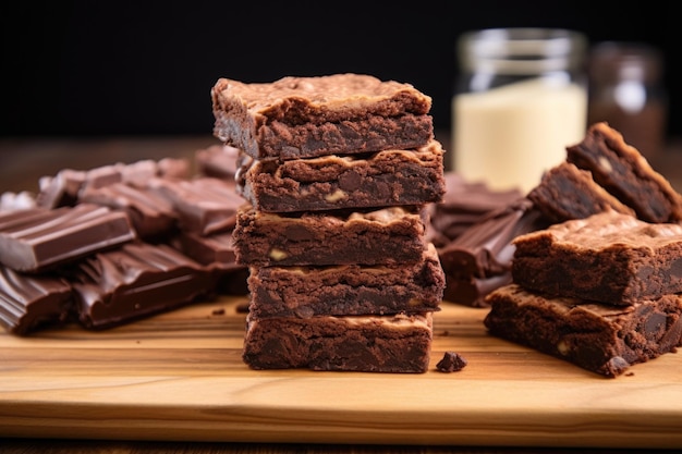 Brownies netjes gestapeld op een houten plank