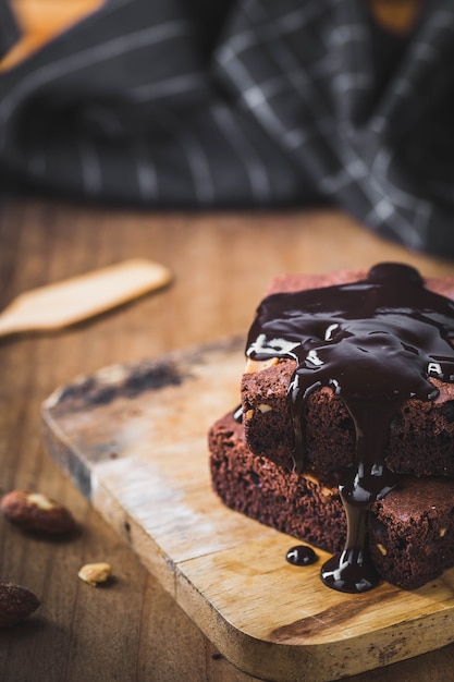 Brownies on wooden table