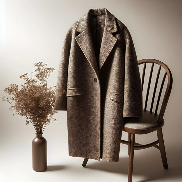 写真 サイドブーケットの椅子の上にある茶色い灰色のツイードのオーバーコート