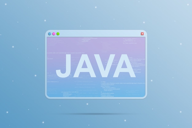 Browser window with Java programming language icon and with program code elements on the screen 3d