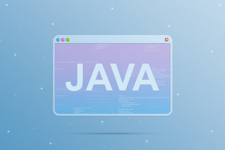 Photo browser window with java programming language icon and with program code elements on the screen 3d