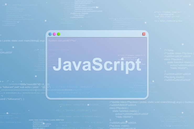 Photo browser window with javascript programming language icon and code elements in the background 3d