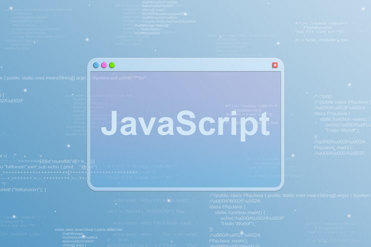 Photo browser window with javascript programming language icon and code elements in the background 3d