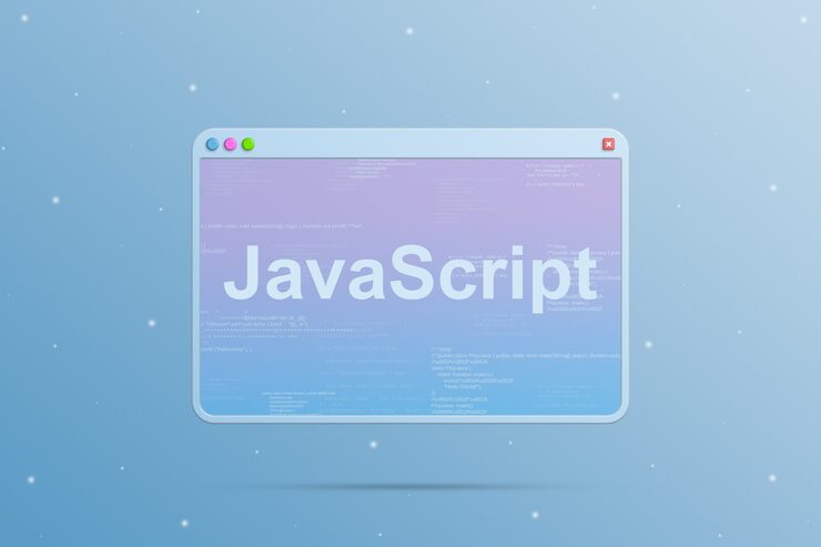 Photo browser window with javascript programming language icon and with program code elements on the scree