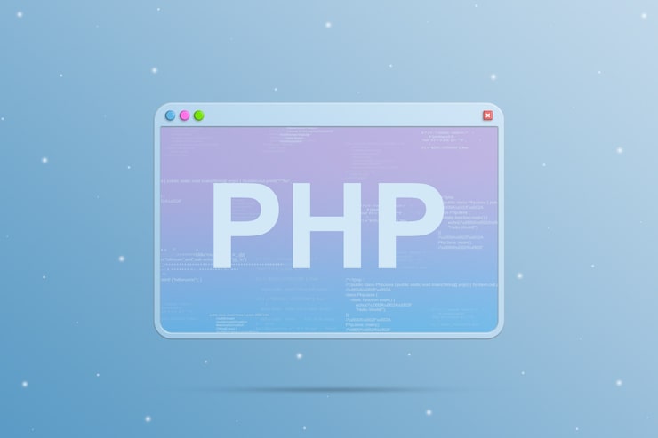 Photo browser window with php programming language icon and with program code elements on the screen 3d