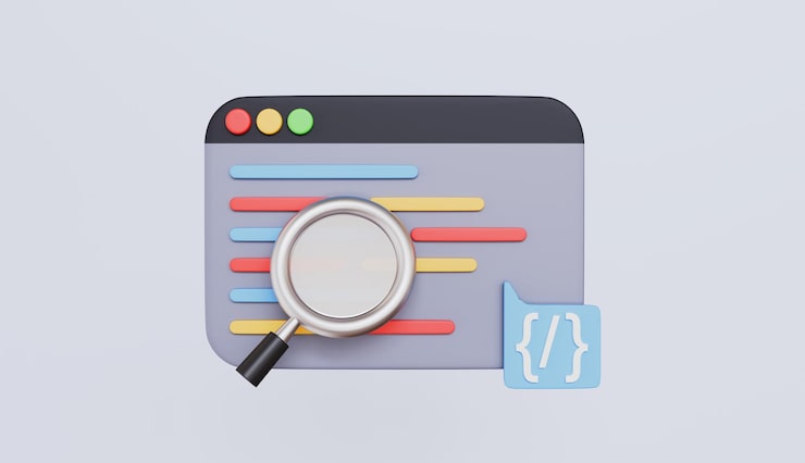 Photo browser with programming source code and magnifying glass coding icon coding screen