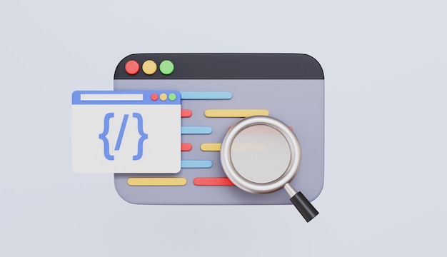 Browser with programming source code and magnifying glass coding screen coding icon