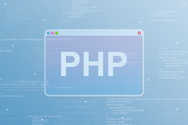 Foto browservenster met php-programmeertaalpictogram en code-elementen op de achtergrond 3d
