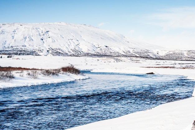 Bruarfoss waterfall the 'iceland's bluest waterfall' blue water
flows over stones winter iceland visit iceland magic winter
mountains with pure river