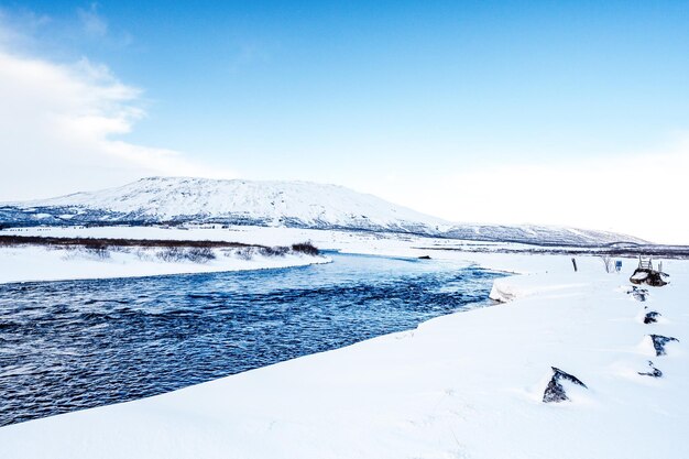 Bruarfoss waterfall the \'iceland\'s bluest waterfall\' blue water\
flows over stones winter iceland visit iceland magic winter\
mountains with pure river