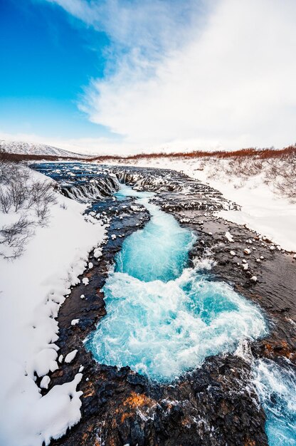 Bruarfoss waterfall the \'iceland\'s bluest waterfall\' blue water\
flows over stones winter iceland visit iceland