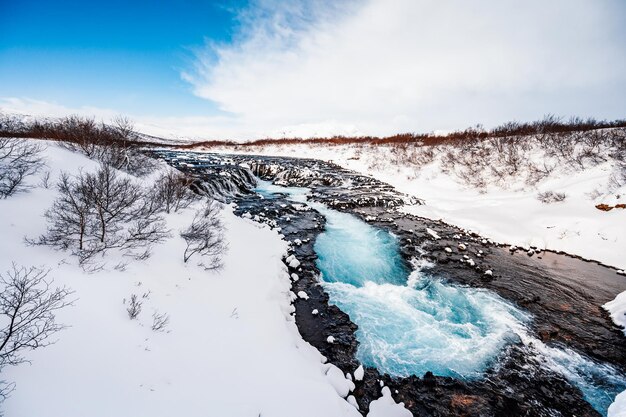 Bruarfoss waterfall the \'iceland\'s bluest waterfall\' blue water\
flows over stones winter iceland visit iceland