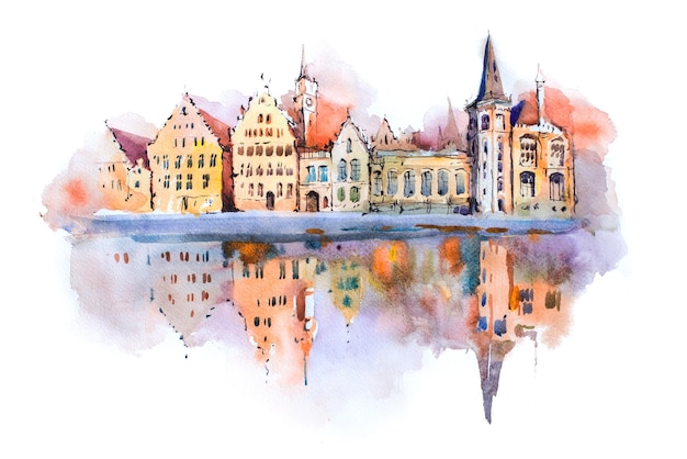 Bruges cityscape watercolor drawing Belgium Brugge canal aquarelle painting