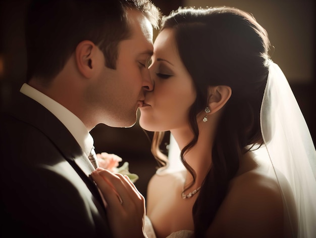 Bruid en bruidegom delen een kus op huwelijksdag