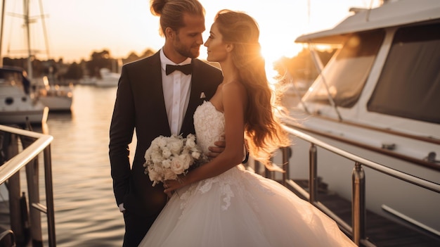 Bruid en bruidegom kussen zachtjes op een jacht tegen de achtergrond van de zee prachtige foto's jongens genieten