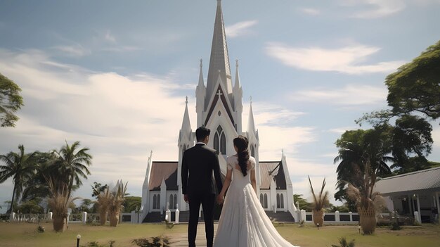Foto bruid en bruidegom poseren met witte kerk op de achtergrond