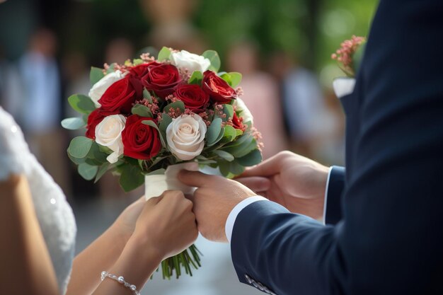 Foto bruid en bruidegom wisselen de boeket uit tijdens de ceremonie