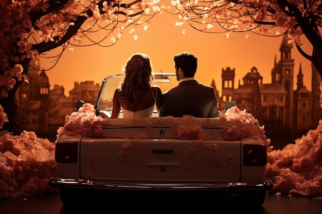 bruid en bruidegom zitten in een cabriolet met een ballon uit papier.