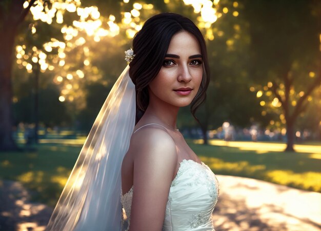 Bruid in stadspark Jonge mooie vrouw in trouwjurk Generatieve AI
