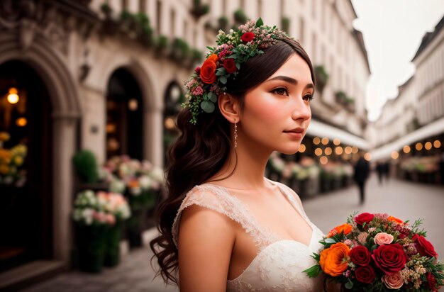 Bruid met boeket bloemen Portret van mooie vrouw in trouwjurk met bloemboeket Generatieve AI