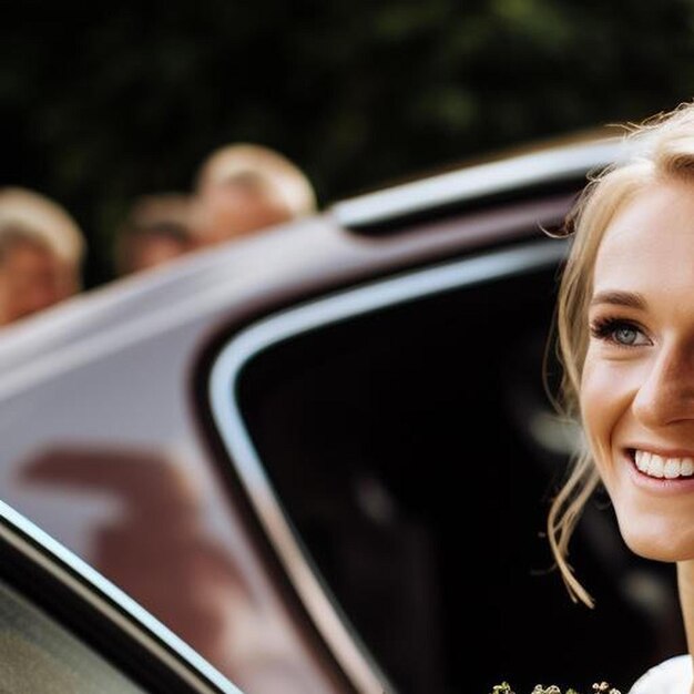 bruid met boeket wacht moment om uit de auto te komen voor de ceremonie