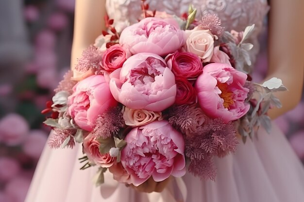 Foto bruid met een bruiloftsboeket met roze pienie bloemen close-up foto