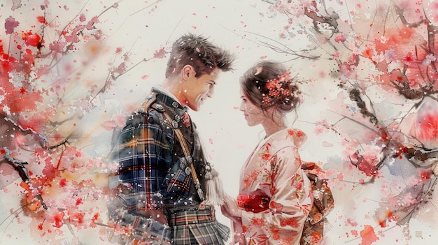 Bruidegom in Schotse kilt wisselt geloften uit met bruid in kimono
