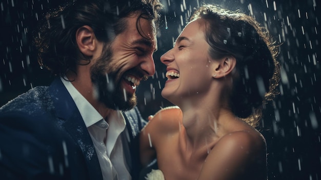 Foto bruiden en bruidegom glimlachen met waterdruppels gegooid