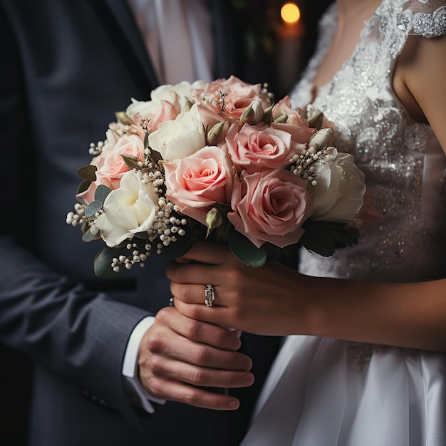 Bruiden en bruidegomshanden die elk bloemboeket houden