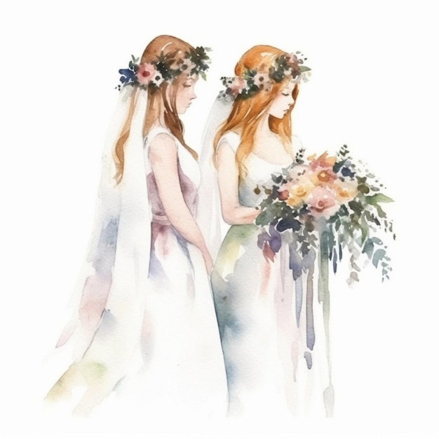 Bruiden in trouwjurken met bloemen in hun haar generatieve ai