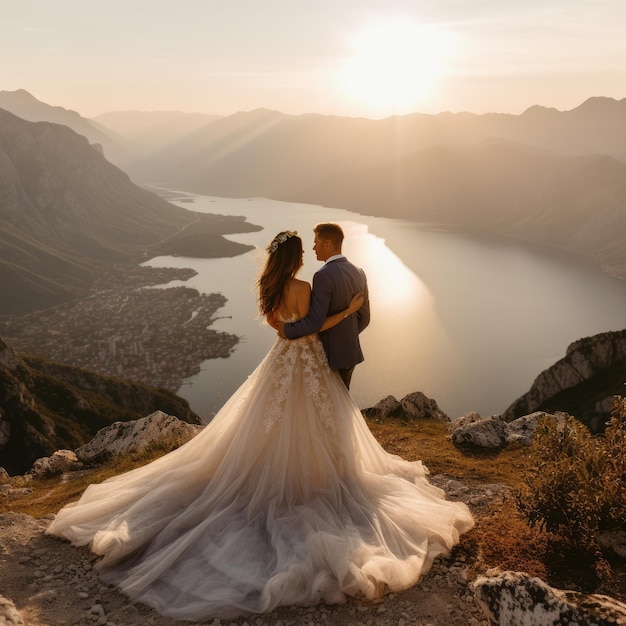 Bruidspaar omhelst bergen in zonlicht Mooie bruid sloot haar ogen Generatieve Ai