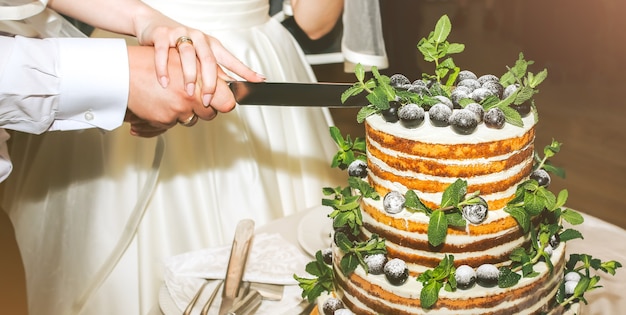 Bruidspaar snijdt moderne rustieke cake. open sponsdessert met muntblaadjes en verse fruitdruiven bovenop. bruidstaart in boho-stijl. bruidegom in het zwarte pak en bruid in witte elegante jurk.