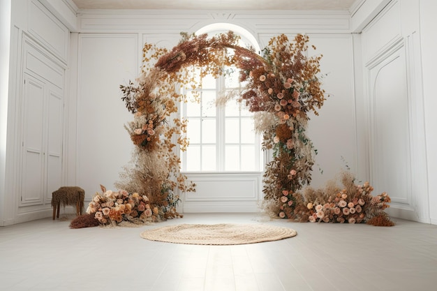 Bruiloft achtergrond esthetische bloem decoratie indoor studio achtergrond AI gegenereerd