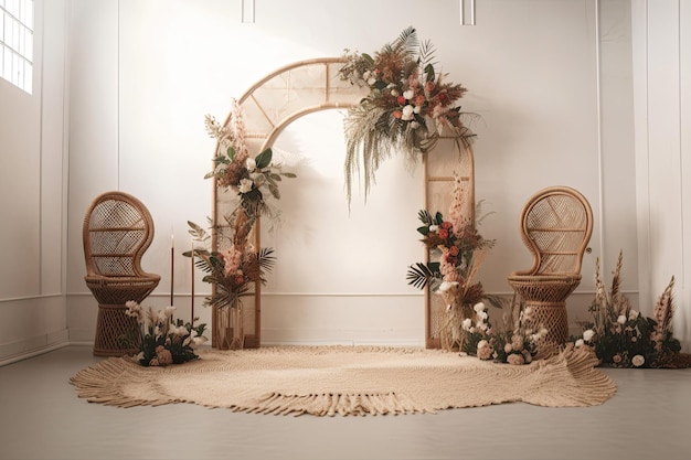 Bruiloft achtergrond esthetische bloem decoratie indoor studio achtergrond AI gegenereerd