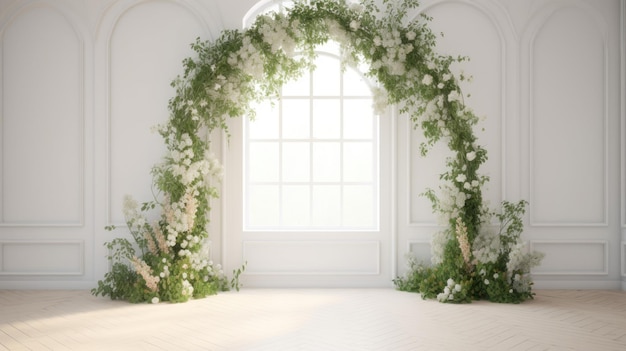 Bruiloft achtergrond esthetische bloem krans decoratie indoor witte achtergrond AI gegenereerd