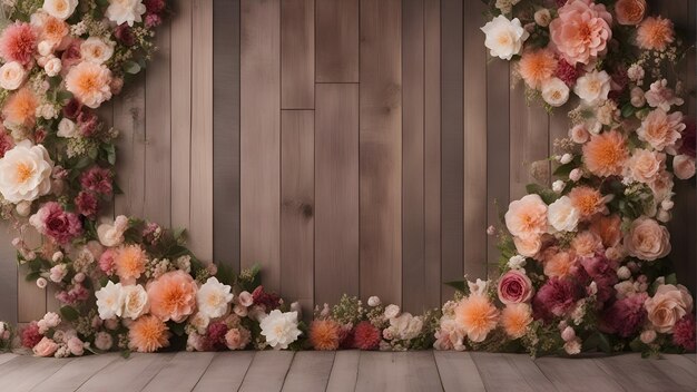 Bruiloft achtergrond met bloemen en houten planken Kopieer ruimte