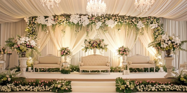 Bruiloft achtergrond met stoel esthetische bloem krans pastelkleur decoratie binnen witte achtergrond