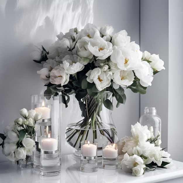 Bruiloft decor in witte kleuren met bloemen