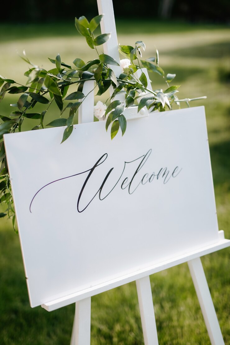 Bruiloft decor, teken welkom op het evenement