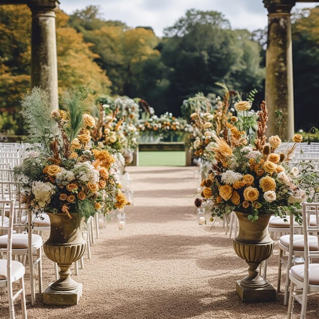 Bruiloft decoratie bloemendecor en evenementviering herfstbloemen en huwelijksgangpad in de herfsttuin landelijke stijl generatieve ai