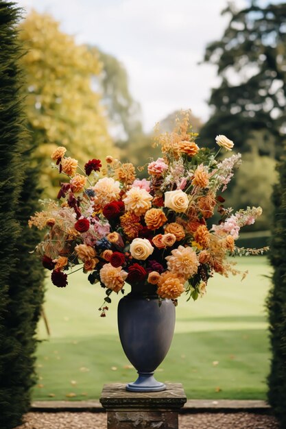 Bruiloft decoratie bloemendecor en evenementviering herfstbloemen en huwelijksgangpad in de herfsttuin landelijke stijl generatieve ai