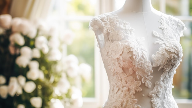 Bruiloft dromen bruidskleed stijl en op maat mode witte op maat baljurk in showroom kleermaker passende schoonheid en bruiloft