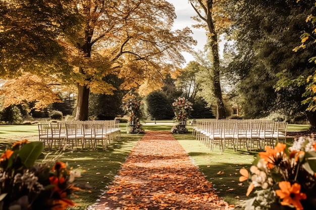 Bruiloft gangpad bloemendecor en huwelijksceremonie herfstbloemen en decoratie in de herfstlandstijl van de Engelse plattelandstuin