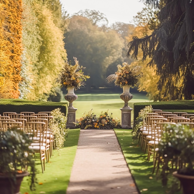 Bruiloft gangpad bloemendecor en huwelijksceremonie herfstbloemen en decoratie in de herfstlandstijl van de Engelse plattelandstuin